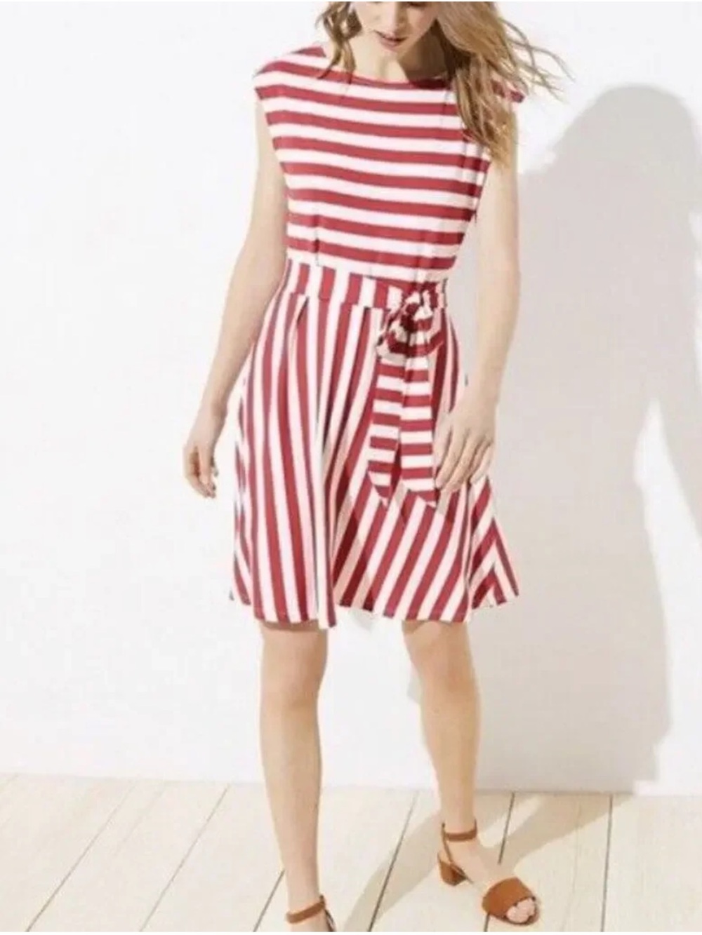 ❤️❤️LOFT Red & White Striped Tie-Waist Midi Dress